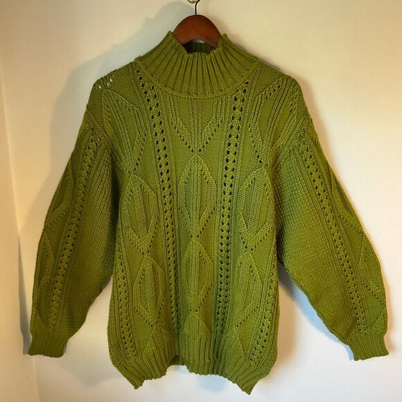 Olive Open Knit Heritage Cable Mockneck Sweater, OS. Balloonsleeves - Picture 2 of 8